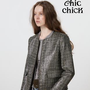 ChicChick时髦小鸡新品 烫银撞钉格纹粗花呢小香风外套 绿野仙踪