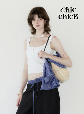 ChicChick时髦小鸡vol20白色风纪扣装饰设计感百搭方领针织背心