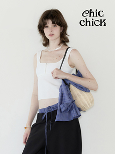 饰设计感百搭方领针织背心 ChicChick时髦小鸡vol20白色风纪扣装