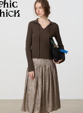 ChicChick时髦小鸡新品 深咖啡 美拉德翻领造型飘带叠穿针织衫