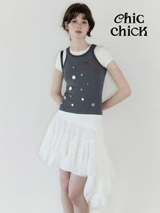 ChicChick时髦小鸡vol20灰色重工不规则金属装 饰拼接针织工字背心