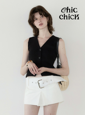 ChicChick时髦小鸡vol20白色金属腰带低腰压褶迷你裙防走光短裤