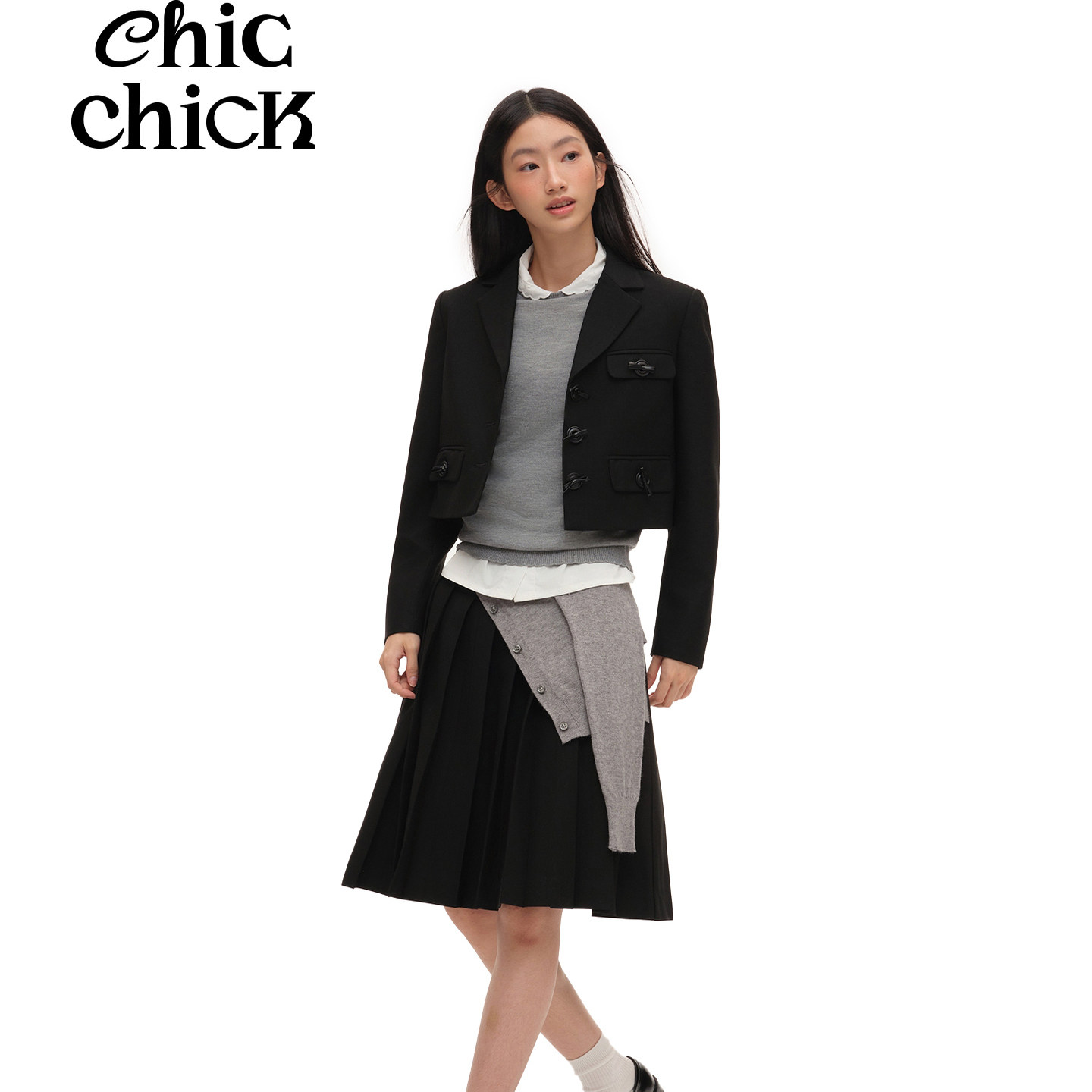 ChicChick时髦小鸡  日漫女高 灰色针织拼接设计感黑色学院百褶裙