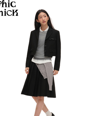 ChicChick时髦小鸡  日漫女高 灰色针织拼接设计感黑色学院百褶裙