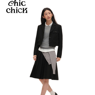 ChicChick时髦小鸡 灰色针织拼接设计感黑色学院百褶裙 日漫女高