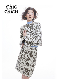 ChicChick时髦小鸡vol15羊毛真丝奶牛纹提花复古小香短款 外套