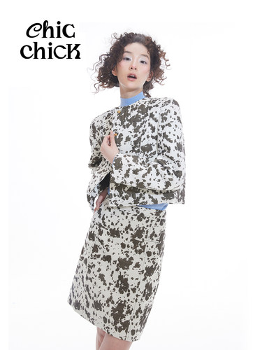 短款外套时髦小鸡奶牛纹提花