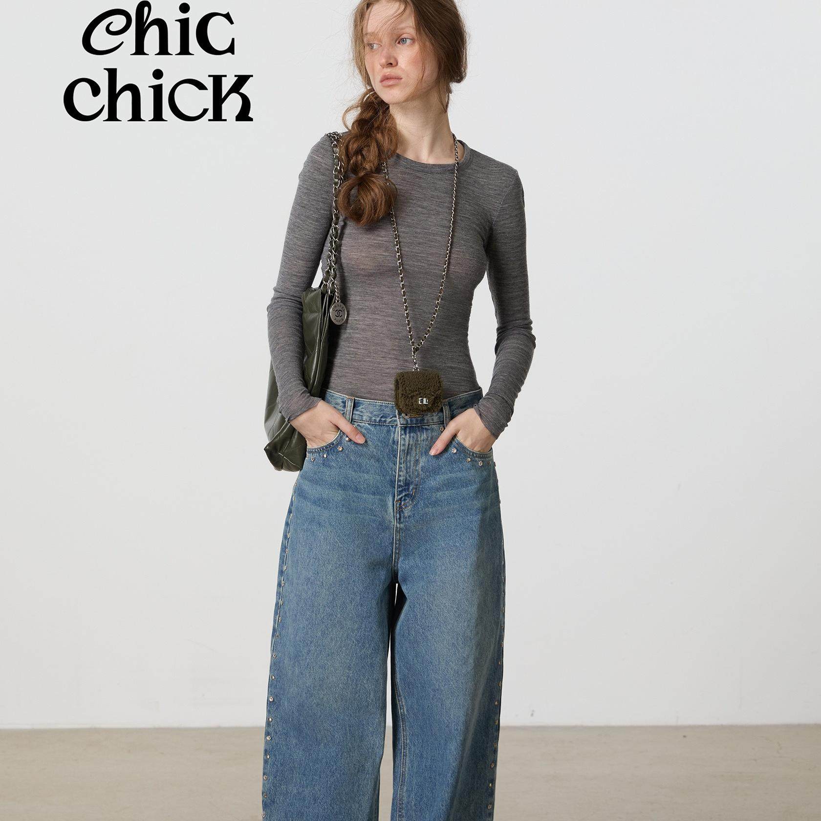 ChicChick时髦小鸡工艺单宁系列 复古撞钉装饰环保酵洗直筒牛仔裤,女装/女士精品,牛仔裤,淘宝优惠券,粉丝福利购,淘宝优惠卷