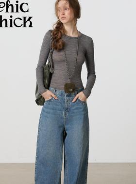 ChicChick时髦小鸡工艺单宁系列 复古撞钉装饰环保酵洗直筒牛仔裤