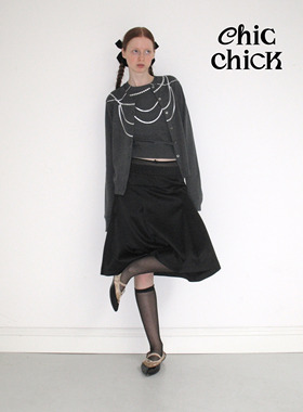 ChicChick时髦小鸡18灰色美丽奴羊毛珍珠项链针织背心开衫两件套