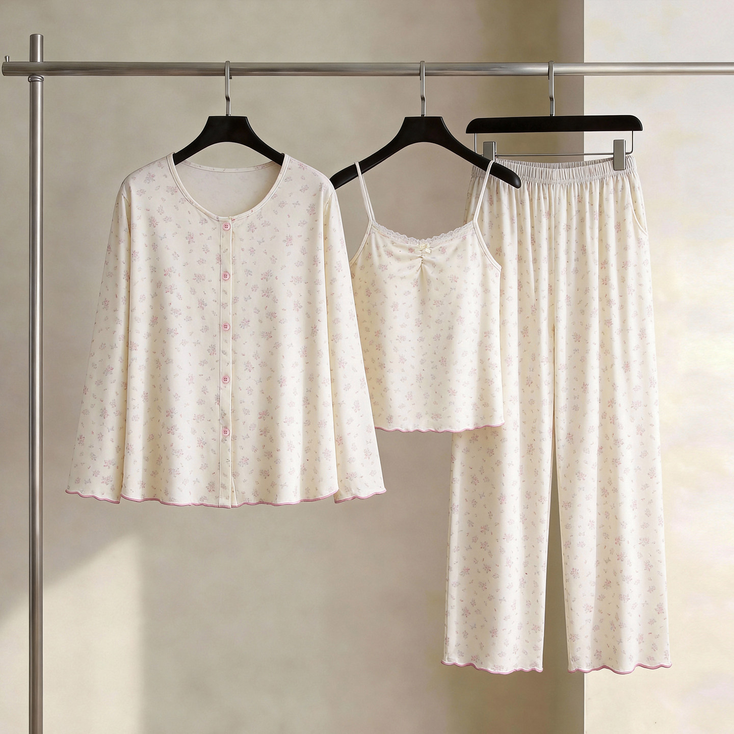 SLEEPTIGHT带胸垫睡衣女款长袖春夏季碎花甜美小个子三件套家居服