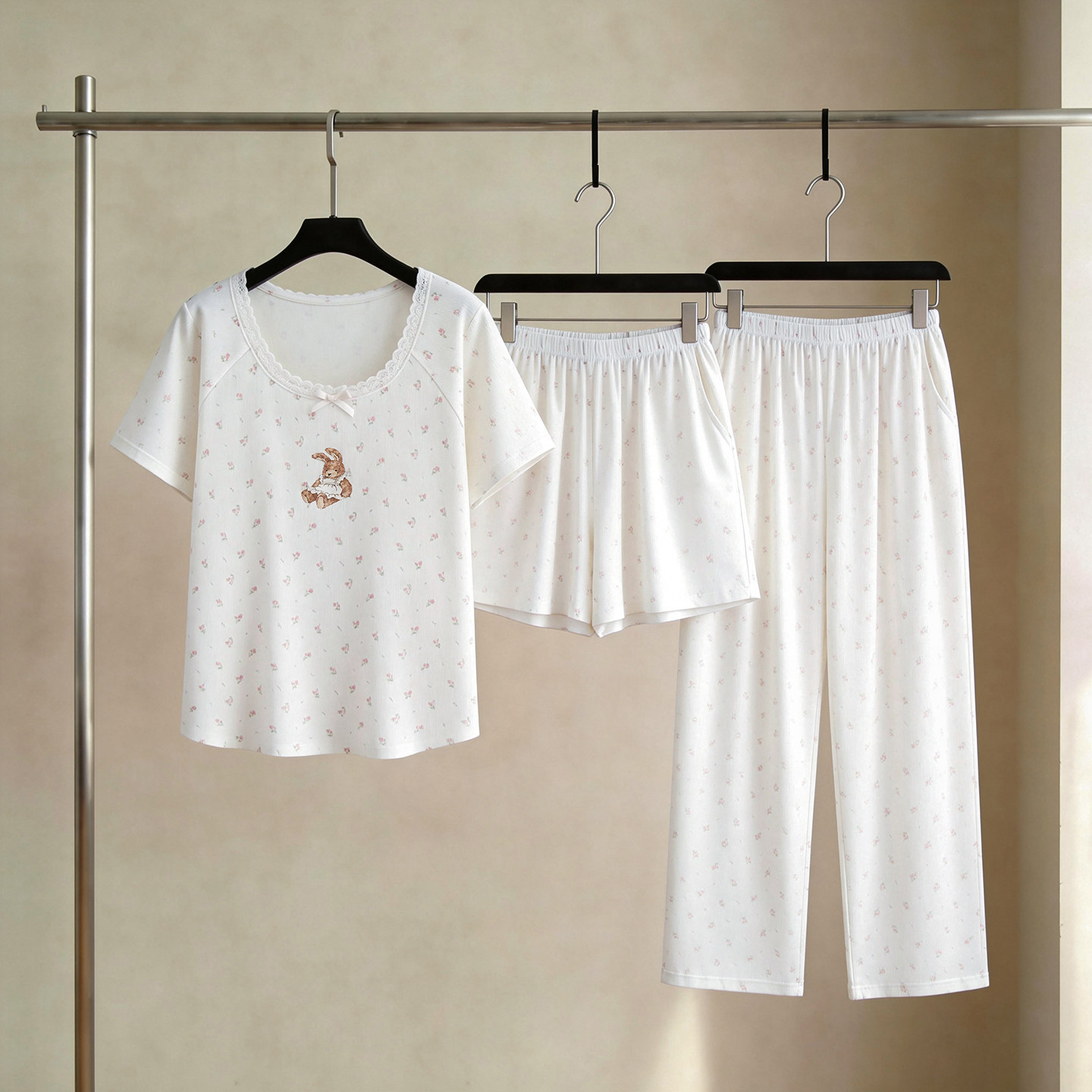 SLEEPTIGHT睡衣女款夏季纯棉短袖带胸垫甜美碎花可爱家居服三件套