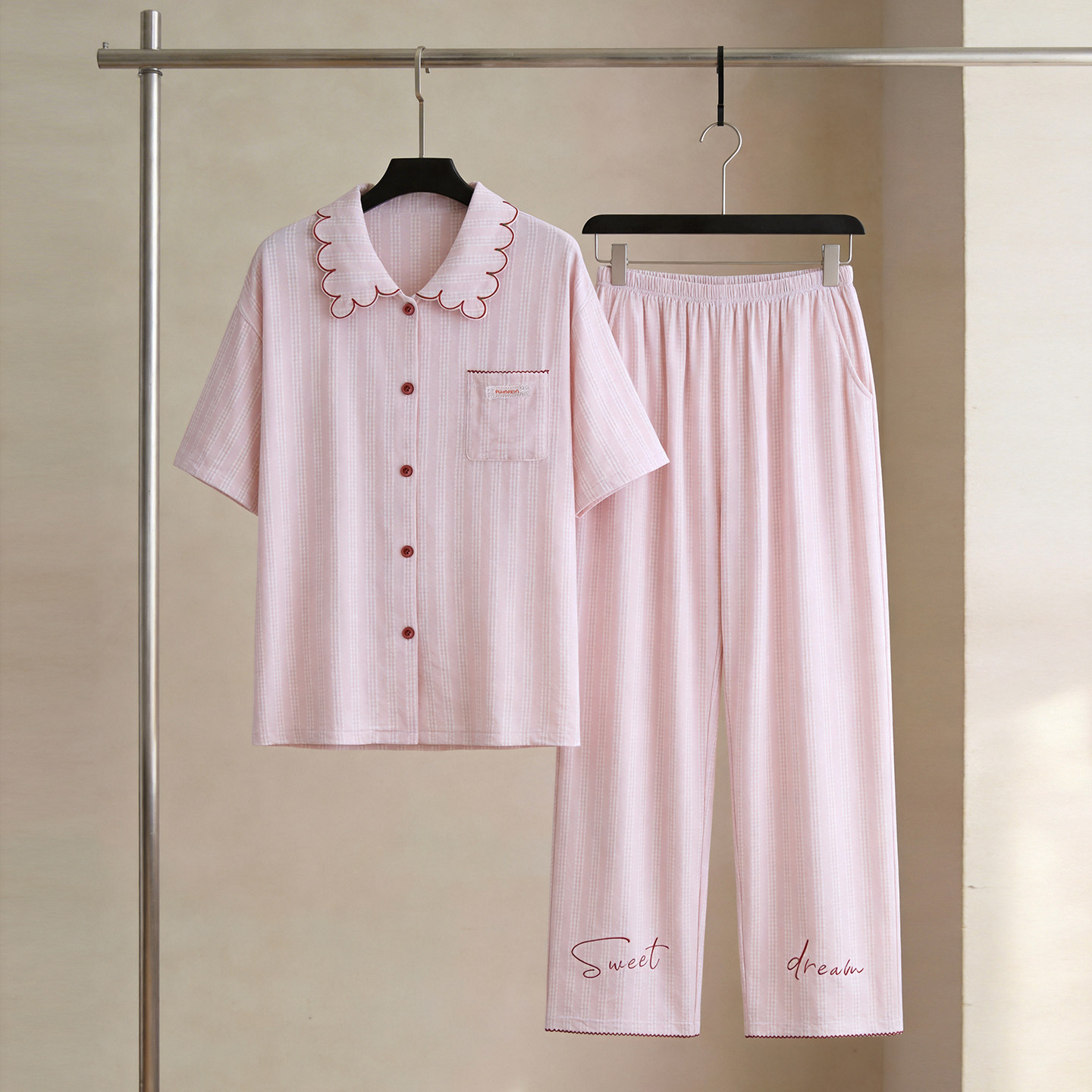 SLEEPTIGHT睡衣女款夏2026新款短袖长裤设计感小众粉色夏天家居服