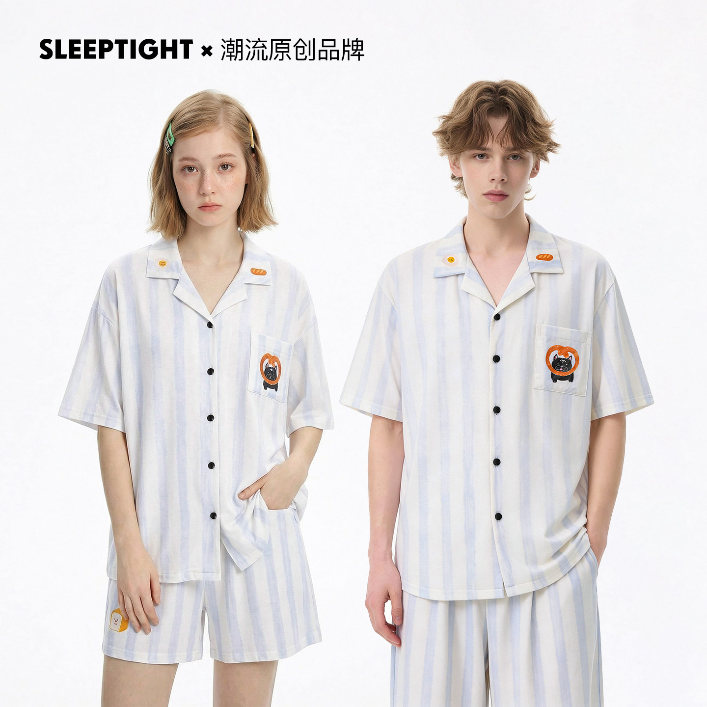 SLEEPTIGHT天丝棉情侣睡衣女款夏季短袖短裤条纹夏天可外穿男套装