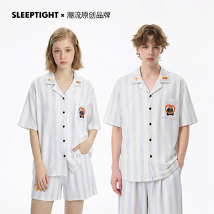 SLEEPTIGHT天丝棉情侣睡衣女款夏季短袖短裤条纹夏天可外穿男套装