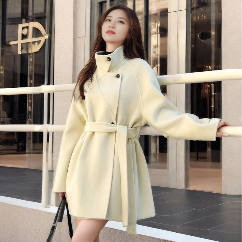 立领系带外套女2025年新款秋冬中长款韩版气质毛呢千金风大衣潮流