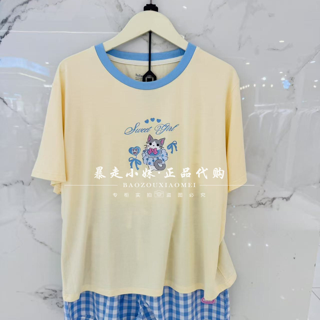 tutuanna猫咪格子短袖家居服睡衣