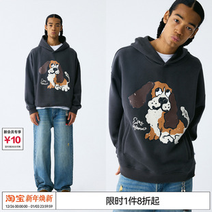 宽松长袖 斑驳小狗碳灰手绘印花帽衫 重磅连帽卫衣 REFERENCE EMPTY