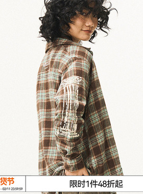 特惠6折起EMPTY REFERENCE原创袖子罗马柱印花长袖衬衫格子衬衣