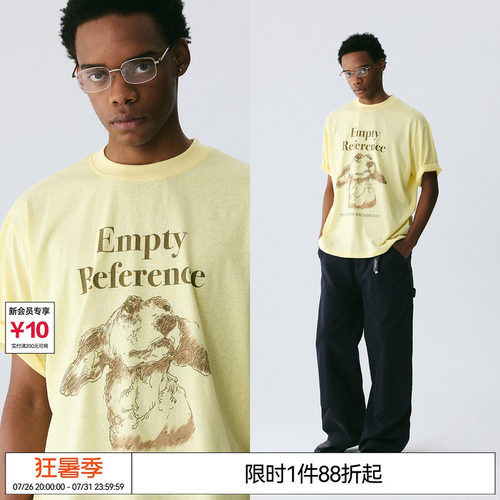 EMPTY REFERENCE奶油黄雪花肌理手绘可卡犬印花打底衫短袖T恤上衣