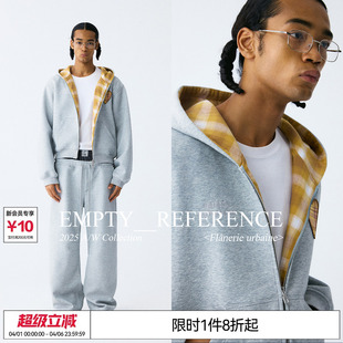 麻灰格纹拼接刺绣宽松重磅拉链连帽开衫 卫衣外套 REFERENCE EMPTY