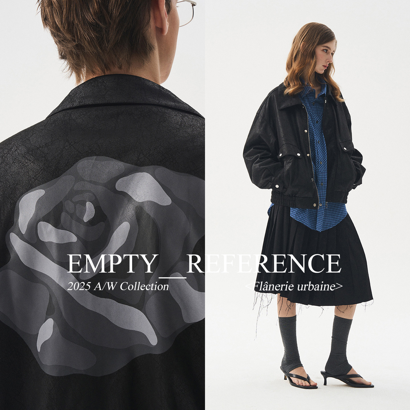 EMPTY REFERENCE 黑色斑驳环保仿皮革玫瑰印花拉链翻领夹克外套