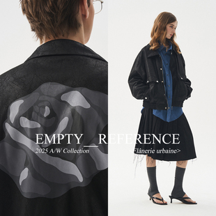 EMPTY 黑色斑驳环保仿皮革玫瑰印花拉链翻领夹克外套 REFERENCE