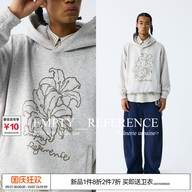 EMPTY REFERENCE 编织质感复古手绘花朵印花上衣宽松重磅连帽卫衣