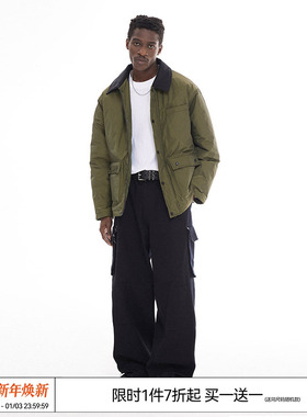 特惠7折 EMPTY REFERENCE 黑色翻领撞色绿色棉衣宽松保暖棉服