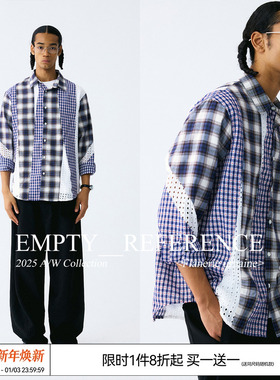 EMPTY REFERENCE结构分割肌理格纹蕾丝拼接宽松衬衣休闲长袖衬衫