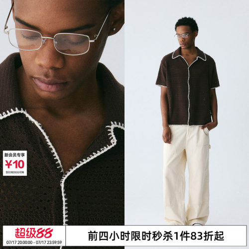 EMPTYREFERENCE棕色古巴领复古编织镂空手工缝线休闲衬衣短袖衬衫