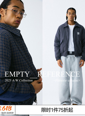 EMPTY REFERENCE 蓝色格纹灯芯绒拼接复古短款夹克棉服宽松厚外套