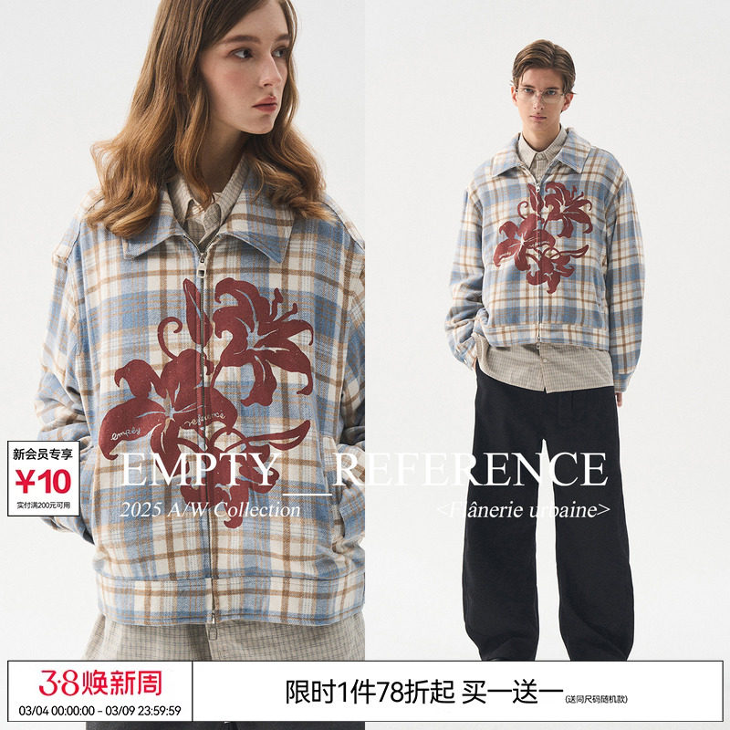 EMPTY REFERENCE 蓝棕格纹毛呢花朵印花宽松休闲拉链翻领夹克外套