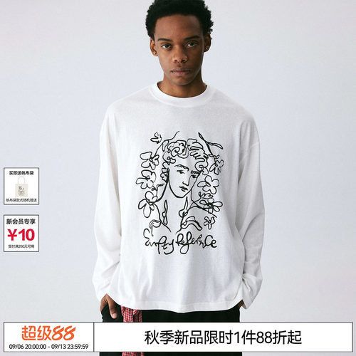EMPTY REFERENCE白色上衣手绘缪斯人像印花打底雪花棉宽松长袖T恤