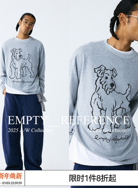 EMPTY REFERENCE 雪花肌理手绘猎狐梗印花上衣宽松长袖T恤打底衫