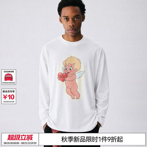 EMPTY REFERENCE白色纯棉打底衫手绘爱心天使印花上衣休闲长袖T恤