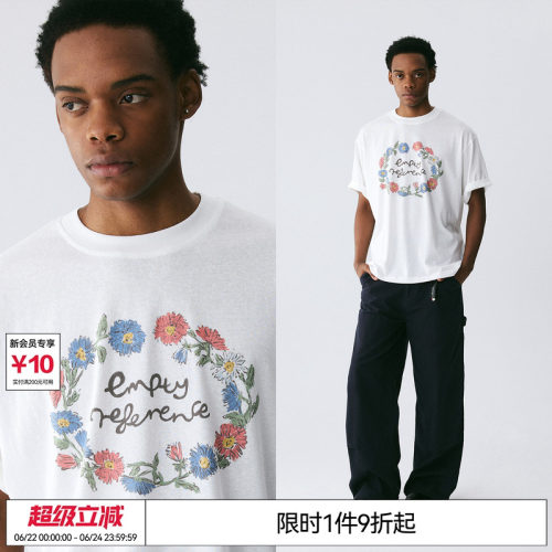 EMPTY REFERENCE 奶油白复古花环印花上衣雪花棉宽松透气短袖T恤