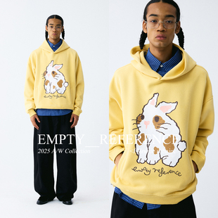 EMPTYREFERENCE小鸡黄手绘斑点兔子印花宽松休闲重磅长袖 连帽卫衣