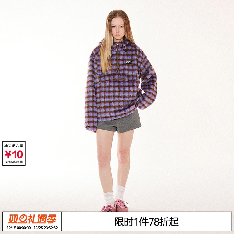 EMPTY REFERENCE美式复古拼色格纹刷毛大口袋抽绳连帽卫衣