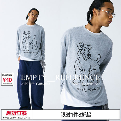 EMPTY REFERENCE 雪花肌理罩衫手绘猎狐梗印花上衣长袖T恤打底衫