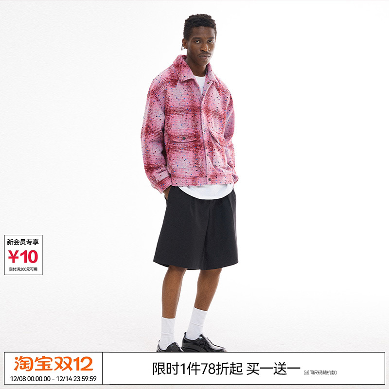 吴克群 十个勤天EMPTY REFERENCE复古分割粗花呢粉色格子夹克外套