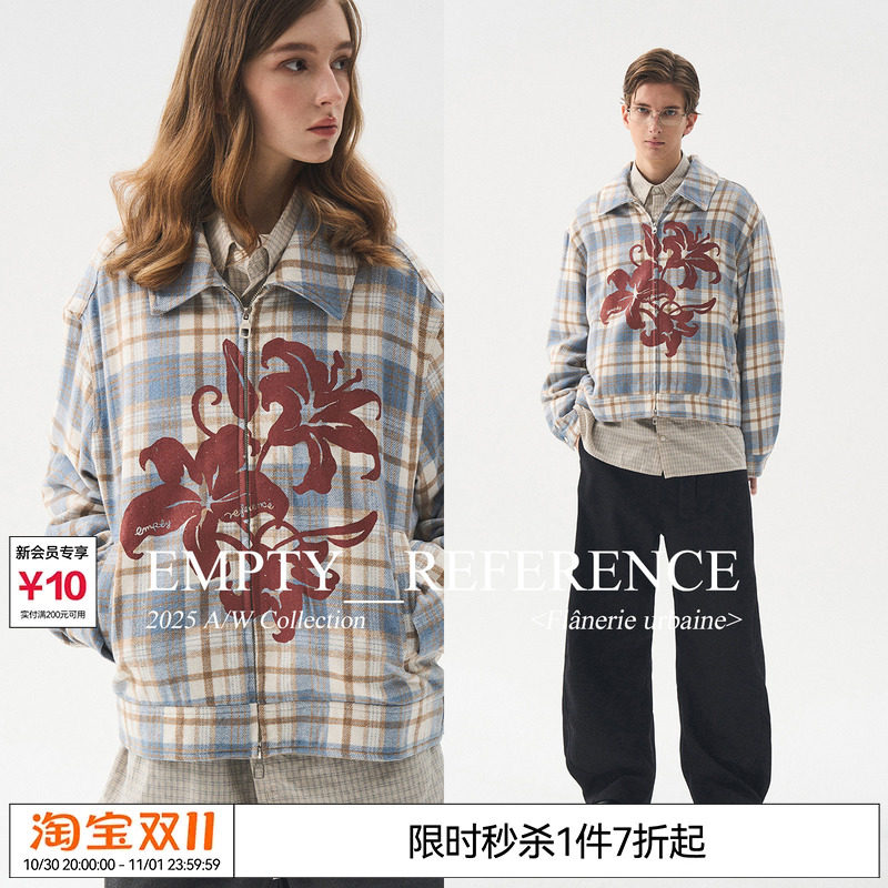 EMPTY REFERENCE 蓝棕格纹毛呢花朵印花宽松休闲拉链翻领夹克外套