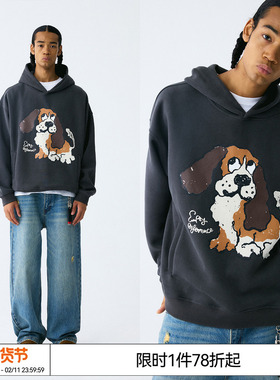 EMPTY REFERENCE 斑驳小狗碳灰手绘印花帽衫宽松长袖重磅连帽卫衣