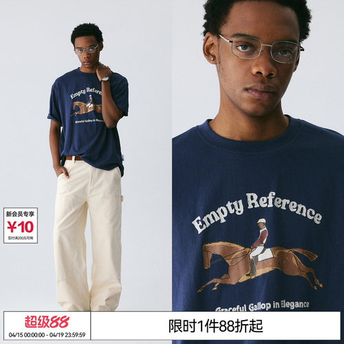 EMPTY REFERENCE 藏青色雪花肌理手绘马术印花上衣短袖T恤打底衫