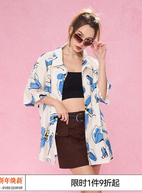 李维嘉 赵牧辰 EMPTY REFERENCE 复古蓝白色手绘花朵衬衫短袖衬衣