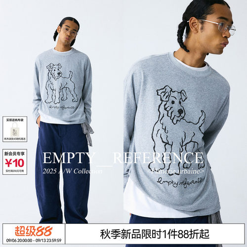 EMPTY REFERENCE 雪花肌理罩衫手绘猎狐梗印花上衣长袖T恤打底衫