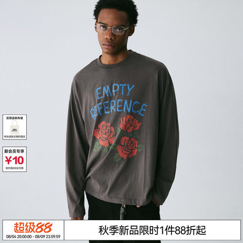 EMPTY REFERENCE 碳灰色手绘斑驳玫瑰印花雪花棉宽松上衣长袖T恤