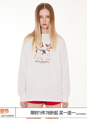 EMPTY REFERENCE 美式复古手绘字母雪纳瑞印花打底衫上衣长袖T恤