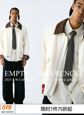 EMPTY REFERENCE 拼色翻领复古格纹袖牌白色灯芯绒宽松夹克外套