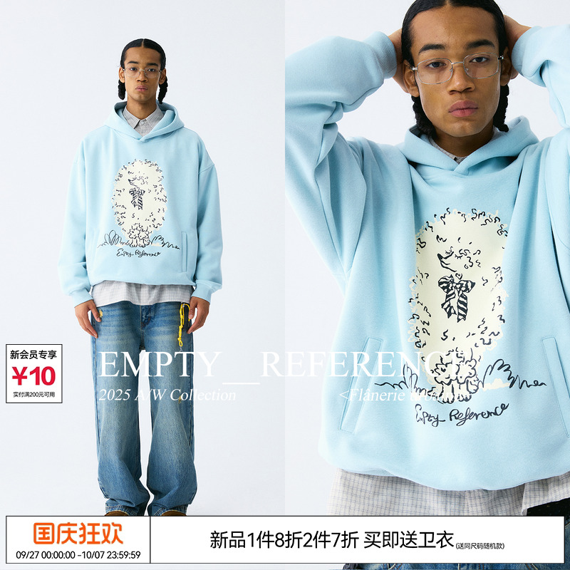 EMPTY REFERENCE 蝴蝶结贵宾犬手绘印花蓝色宽松长袖重磅连帽卫衣